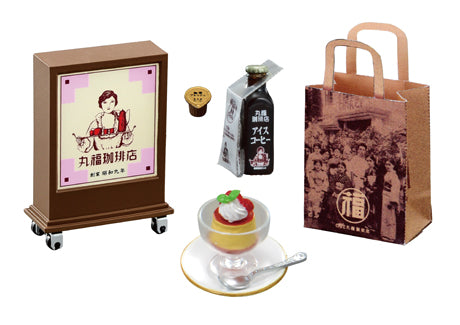 Marufuku Coffee Shop Re-ment Blind Box Series features miniature café items: logo signboard, coffee creamer lid, iced coffee carton, dessert, and tote bag.