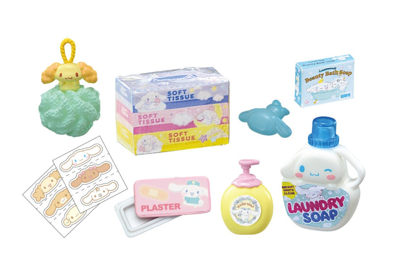 Cinnamoroll Market Re-ment Blind Box Series featuring miniature household essentials with Cinnamoroll designs, including soap, tissues, stickers, and a tiny Cinnamoroll figure.