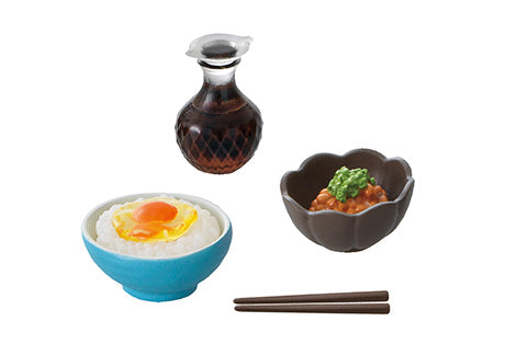 Puchi Sample Light Today's breakfast Re-ment Blind Box Series featuring miniatures: rice with fried egg, soy sauce bottle, beans, and peas in bowls.