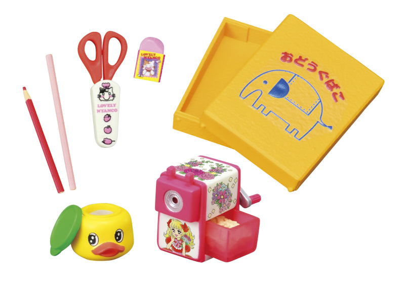 Showa Retro Memories My Room Re-ment Blind Box Series: stationery set with pencils, eraser, scissors, yellow box, dispenser, and pink sharpener.