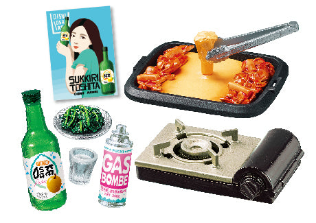 Miniature Korean cheese fondue set from the Neon and Romance: A Night at Korean Food Stalls Re-ment Blind Box Series, featuring tiny stove, soju, and side dishes.