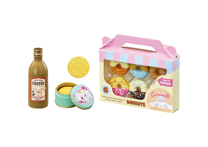 Cinnamoroll Market Re-ment Blind Box Series featuring novelty erasers: coffee bottle, cookie tin, and donut box with six doughnut-shaped erasers.