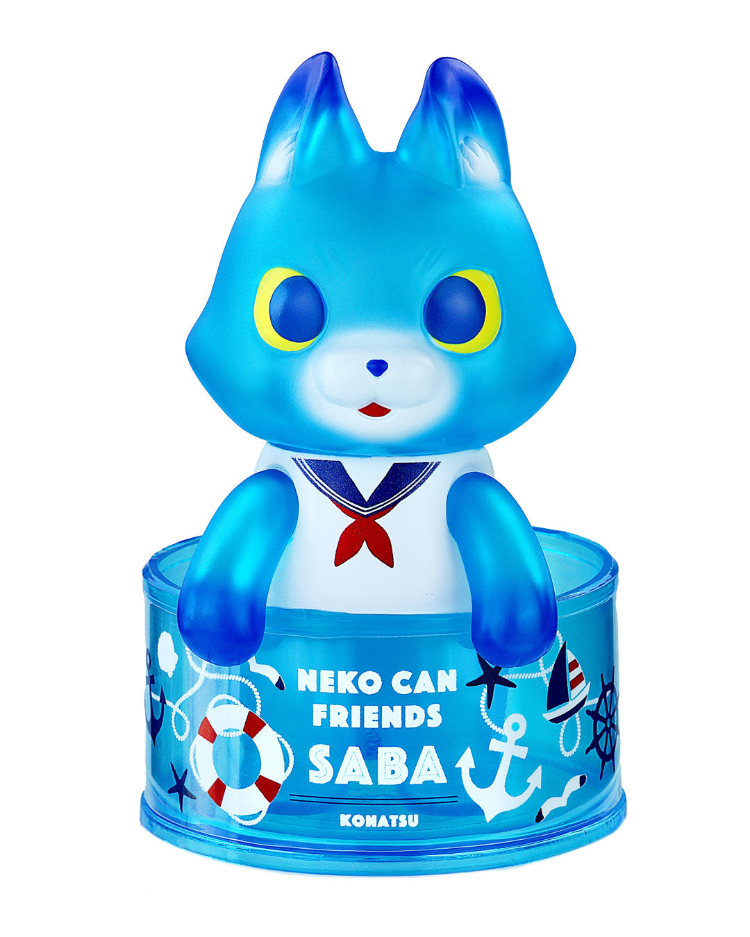 Can Cat Friends SABA Marine by Konatsu: A 9cm kawaii vinyl figure of a sailor-themed blue cat in a translucent nautical-motif base. Preorder, ships Aug 2025.