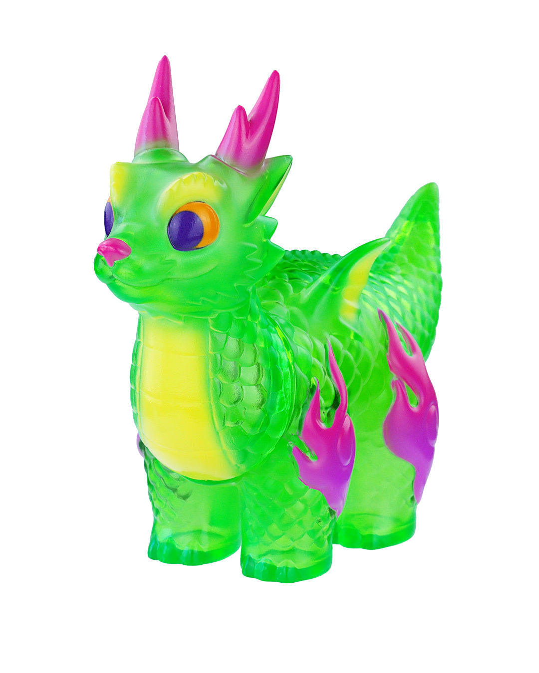 Ryudora Tropical by Konatsu, a 3.8cm sofubi figure, features a neon-green dragon body and cat face with pink horns and colorful accents. Preorder for August 2025.