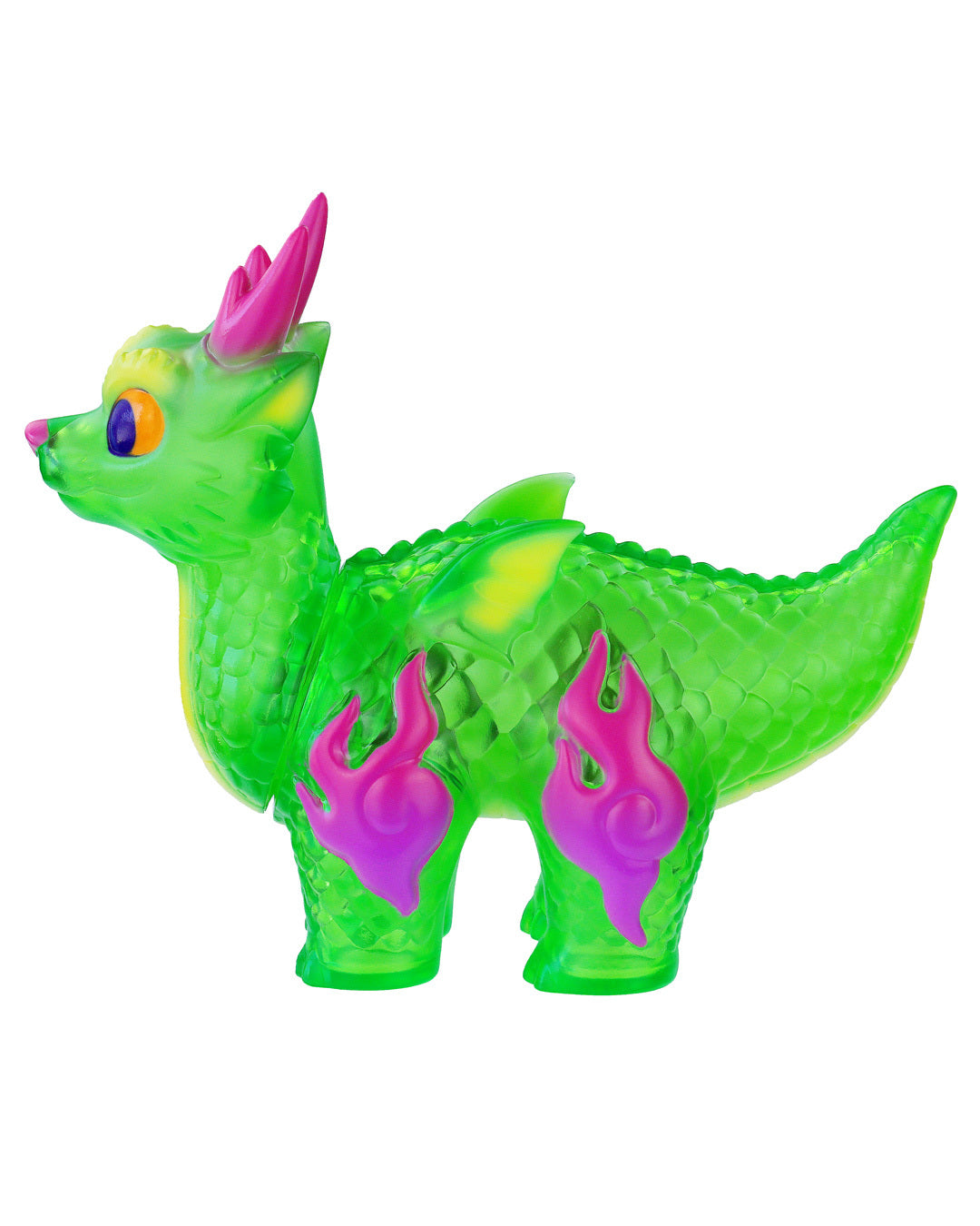 Ryudora Tropical by Konatsu - Preorder: A 3.8cm translucent green dragon figurine with pink horns, yellow-blue eyes, and purple flame decals. Ships Aug 2025.