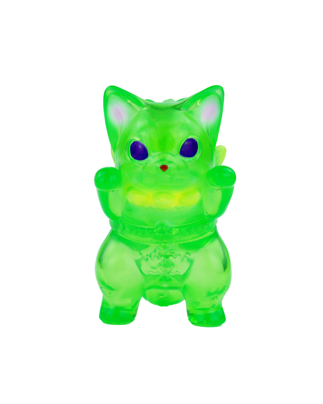 Mamera Tropical by Konatsu - Preorder: A neon-green, chunky-limbed, cat-like sofubi figurine with purple eyes, red nose, resembling a modern Maneki-neko charm.