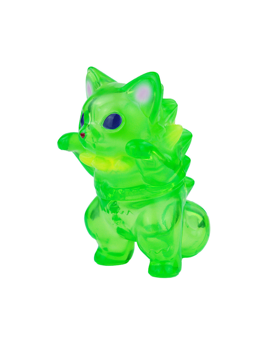 Mamera Tropical by Konatsu, a preorder translucent-green cat-like sofubi figurine with spikes, posed standing with paws forward, limit one per person. Ships Aug 2025.