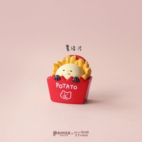 Yum Yum Time Blind Box Series figurine: red fry-box with bear face, yellow fries, pastel-yellow bear/chick hybrid, branded Partner Toys x XIUBEAR Studio.
