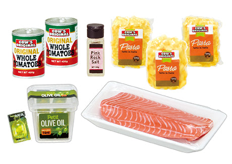 Cooking ingredients for a tomato pasta dish with salmon from COW'S MART Re-ment Blind Box Series, featuring tomatoes, pasta, salt, olive oil, and salmon.