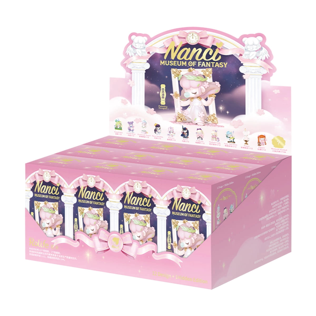 Nanci's Museum of Fantasy Blind Box Series displayed in a pink tray, featuring individually wrapped mystery boxes with goddess-themed pastel artwork.