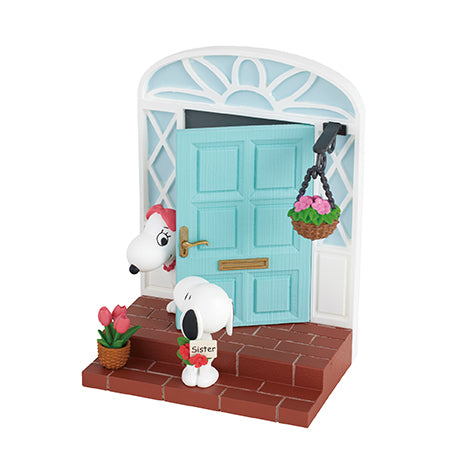 SNOOPY's Door Story Re-ment Blind Box Series featuring a toy door with floral basket, part of a collectible set with six unique designs.