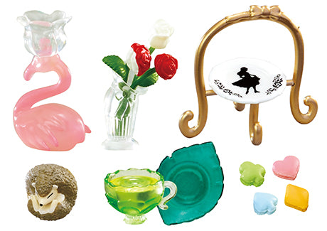 Wonderland Tea Party Mysterious Country Tea Party Re-ment Blind Box Series, featuring toys and floral-themed items, including plates with silhouettes, glass cups, and a hedgehog.
