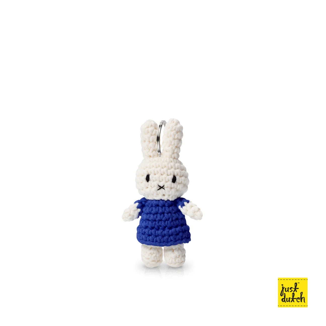 Miffy Crochet Keychain depicting a knitted bunny in a blue dress, handmade from 100% cotton, measuring 18x10x5 cm and weighing 25g.