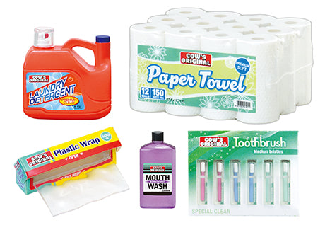 Cow’s Original household and personal-care items, part of the Members-only discount store COW'S MART Re-ment Blind Box Series, showcasing detergent, paper towels, wrap, mouthwash, and toothbrushes.