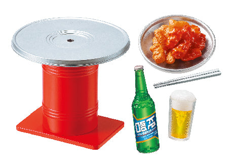 Neon and Romance: A Night at Korean Food Stalls Re-ment Blind Box Series features a red metal drum table with food and drink accessories.