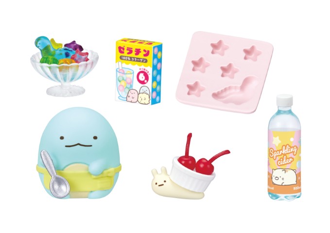 Sumikkogurashi Sweets Cooking Together Re-ment Blind Box Series featuring dinosaur-shaped jellies, silicone mold, gelatin box, sparkling cider, figures, and mini dessert accessories.