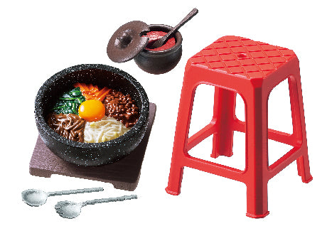Neon and Romance: A Night at Korean Food Stalls Re-ment Blind Box Series featuring a bibimbap diorama with gochujang pot and street-food style stool.