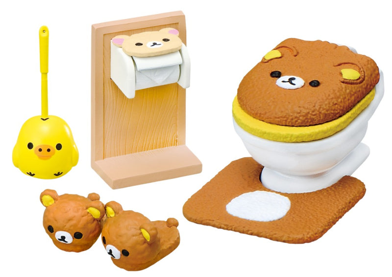 Rilakkuma room Re-ment Blind Box Series featuring a yellow toilet plunger and toys, part of a 6-design collection, available at Strangecat Toys.