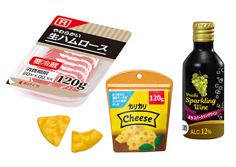 Puchi Sample Light Dinner Re-ment Blind Box Series, featuring mini food items and a bottle of sparkling wine, offering eight collectible designs.