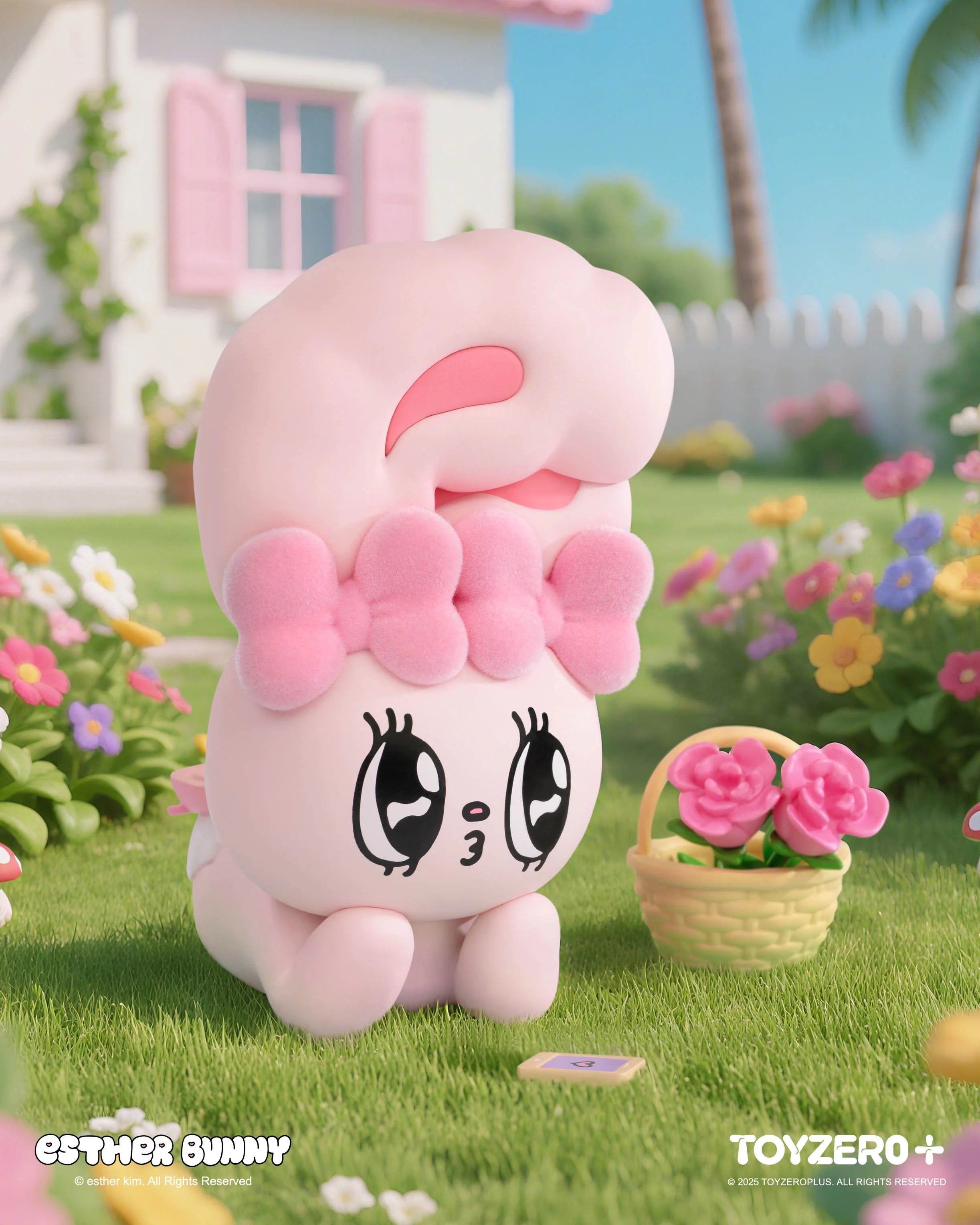 Esther Bunny Holiday Vibe Series Blind Box features a chibi pink bunny, sitting on grass with playful accessories, in front of a charming cottage.