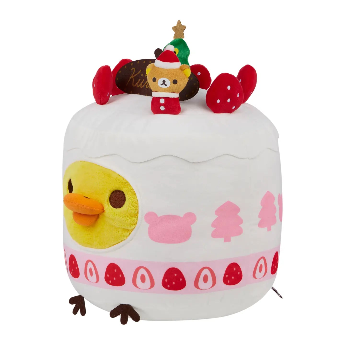 Kii Holiday Cake Plush toy with a teddy bear in a Santa hat, plush strawberries, and a chick face, designed as a whimsical stuffed pillow cake.