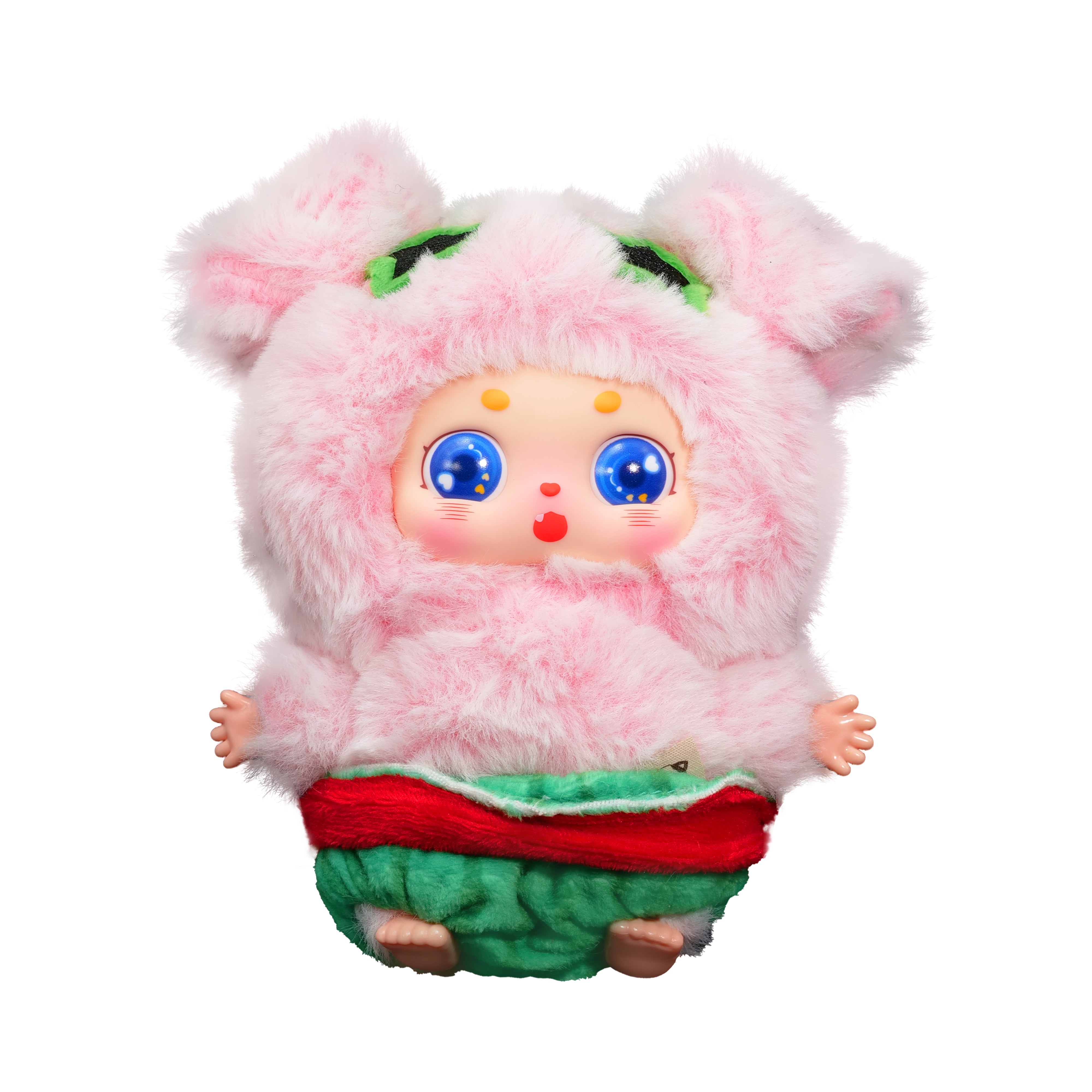 Baby Three - Little Fatty toy in a fluffy pink hooded outfit, with layered red and green fabric, featuring big blue eyes and a red mouth.