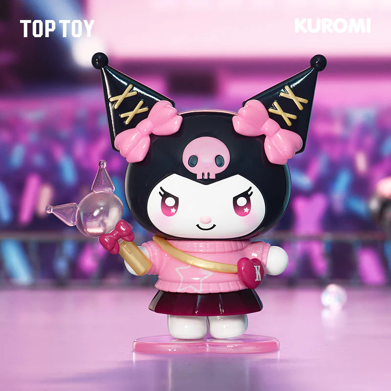 Kuromi Sparking Idol Series Blind Box figure by TOP TOY, featuring Kuromi in a jester hood with accessories, standing on a pink base.