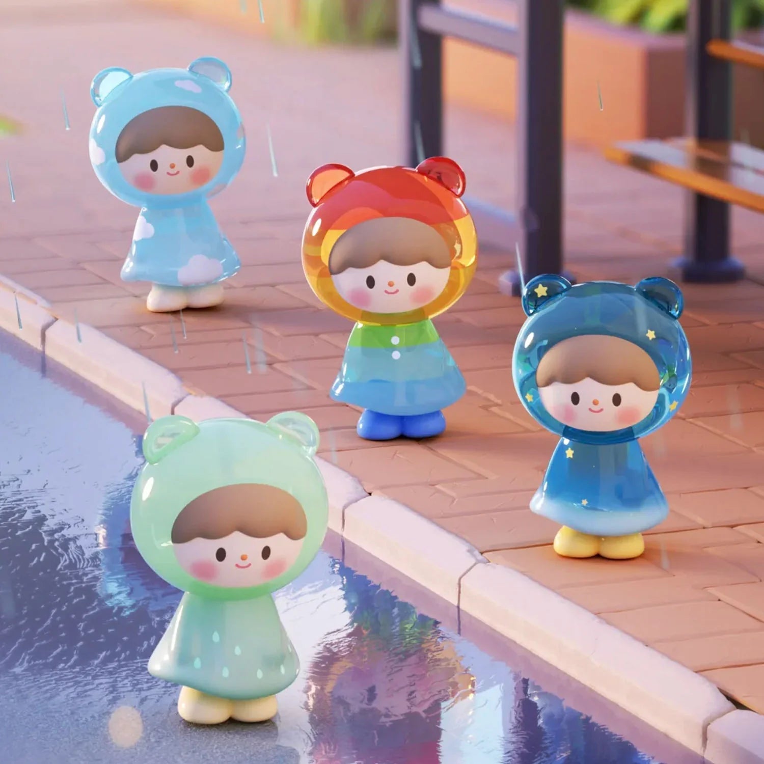 zZoton Joy In A Twist Uliuli Mini Series Blind Bag: Four cartoon figures in bear-ear raincoats on a brick sidewalk, showcasing diverse designs in a playful, rainy setting.