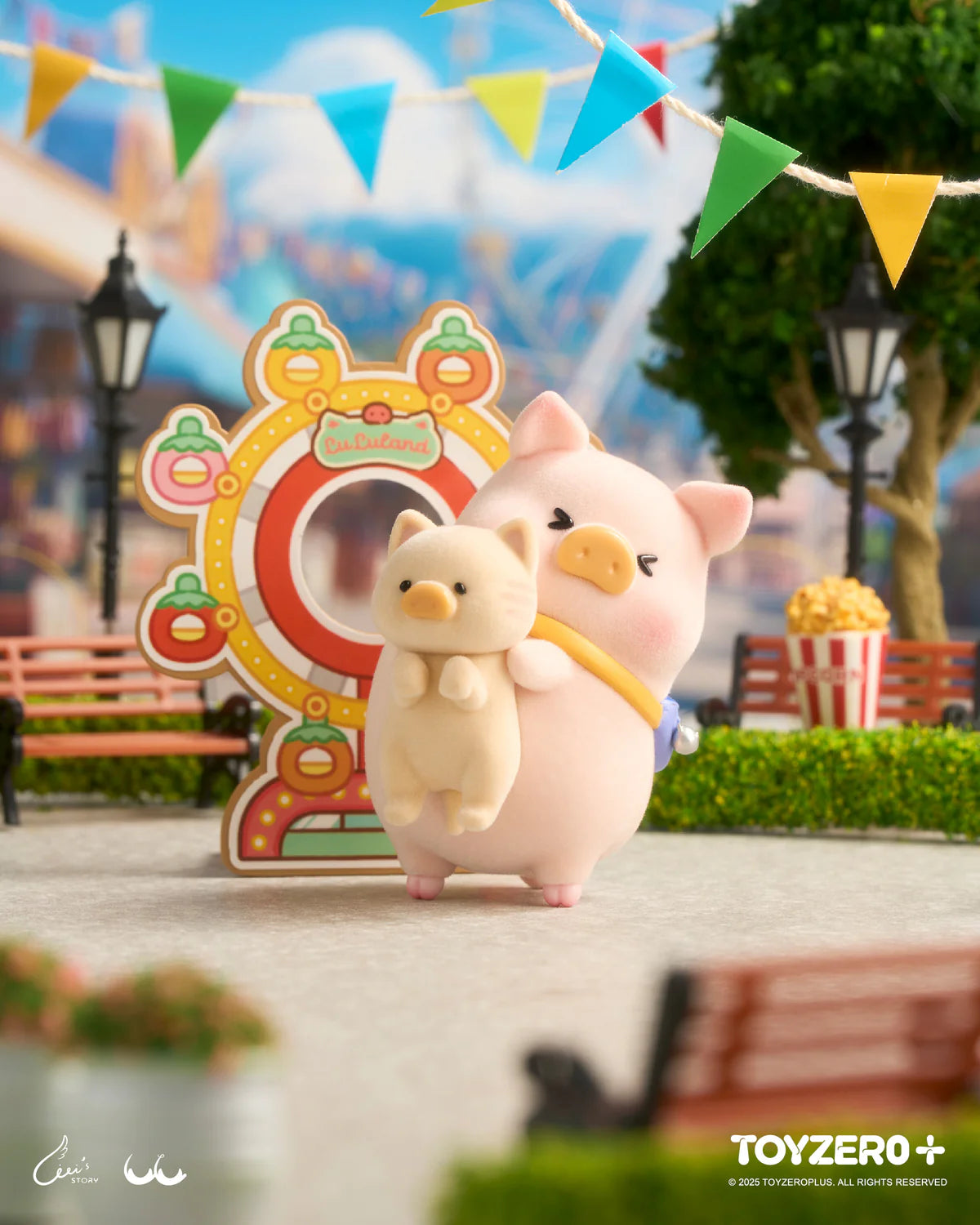 LuLu the Piggy - LuLuLand Series Blind Box featuring a pink pig and cream kitty figurine amidst a carnival scene with a LuLuLand game prop.