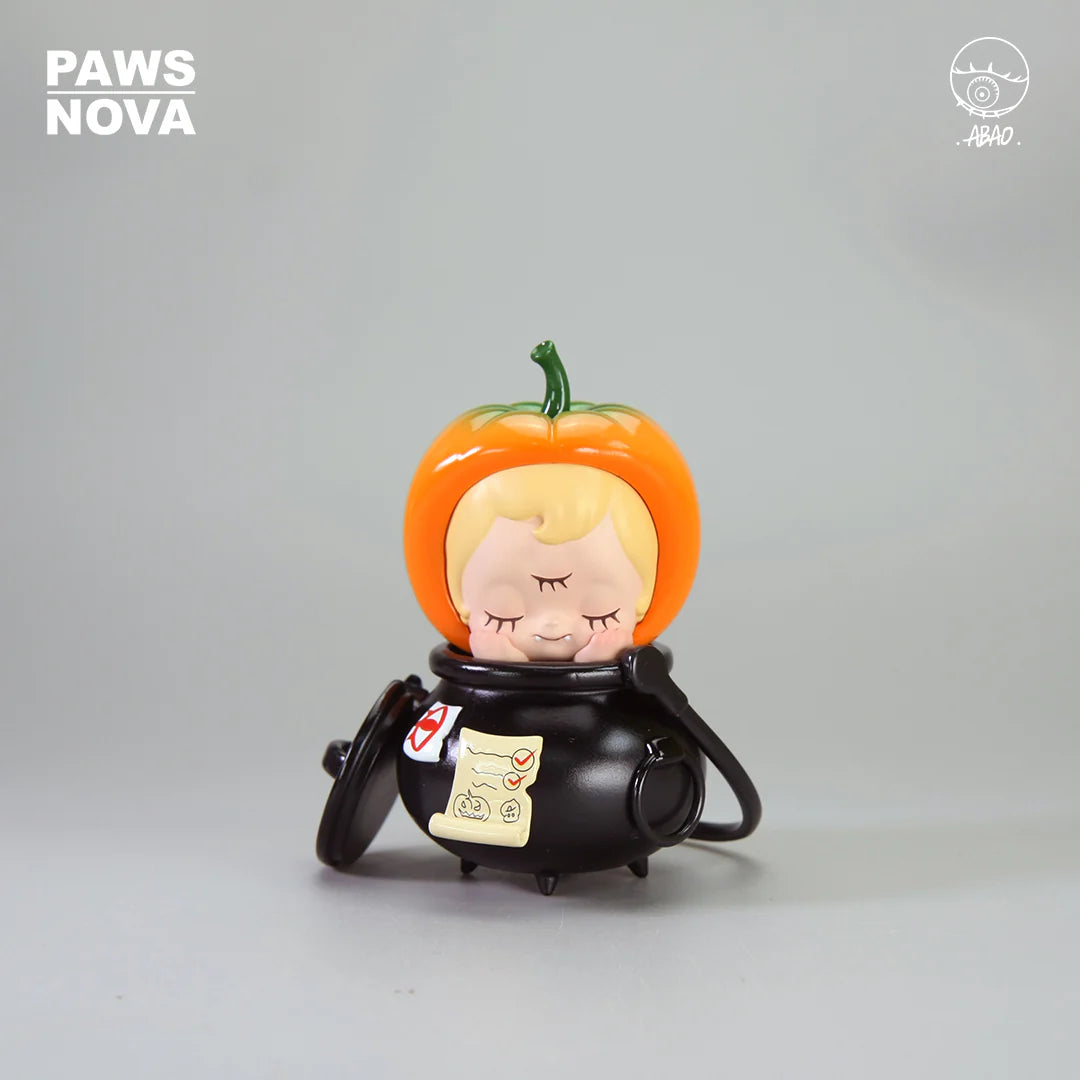ABAO PUMPKIN SOUP DEDE: Vinyl art toy with pumpkin helmet, cherubic face, cauldron body; features branding and logo. Preorder, ships Feb 2026.