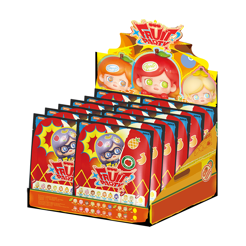 KOKOSA FRUIT PARTY SERIES BLIND BAG - Preorder display with sealed red packets, featuring fruit characters and lineup. Includes four random figures per bag.