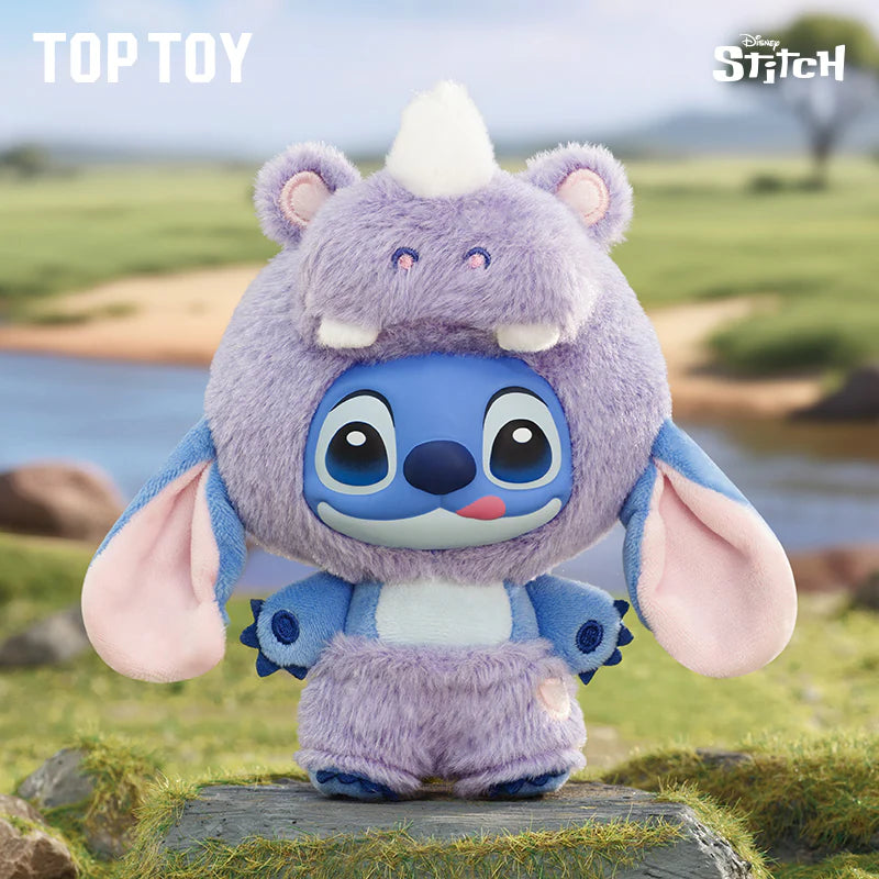 Stitch Wild Animal Series Plush Blind Box features Stitch in a purple animal costume, standing on a rock with a grassy riverbank backdrop. Preorder available.