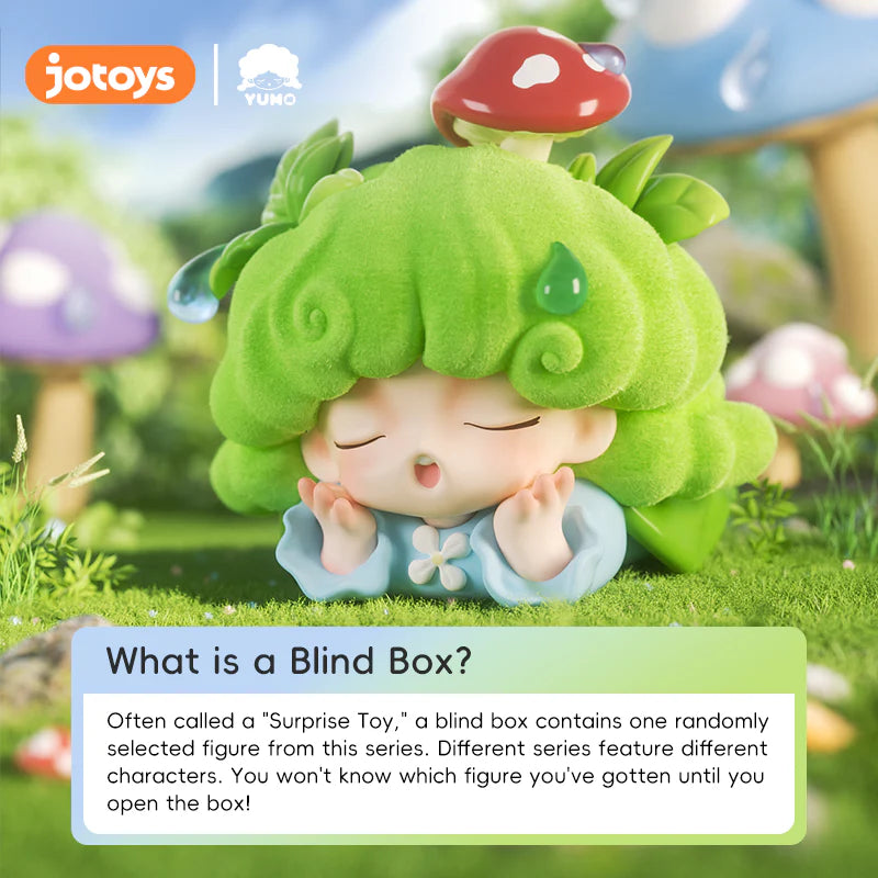Chibi-style figure with green fluffy hair and mushroom cap in grassy setting; promoting Jotoys' YUMO DREAMCORE ISLAND SERIES blind-box collectibles. Preorder available, ships Q4 2025.