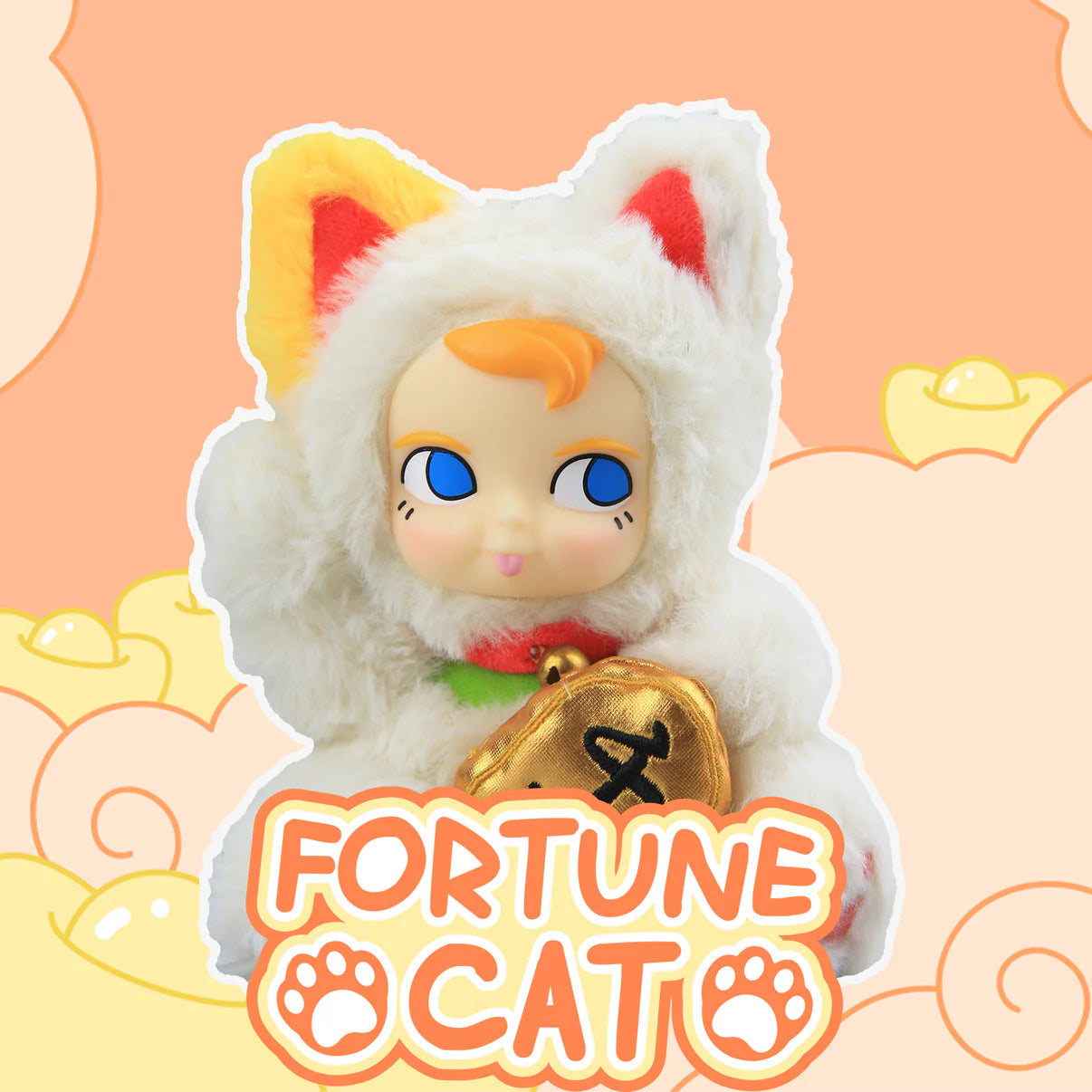SAMSAM FORTUNE CAT PLUSH Blind Box featuring a cute white cat with a raised paw and gold coin, part of a six-design series.