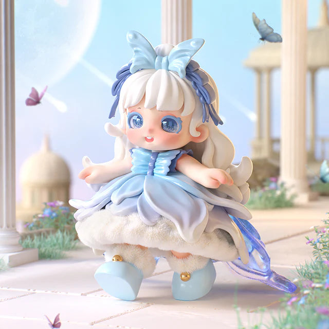 Miana The Sleeping Castle Series Blind Box figurine with blue eyes, white hair, butterfly bow, in a pastel garden scene with butterflies.