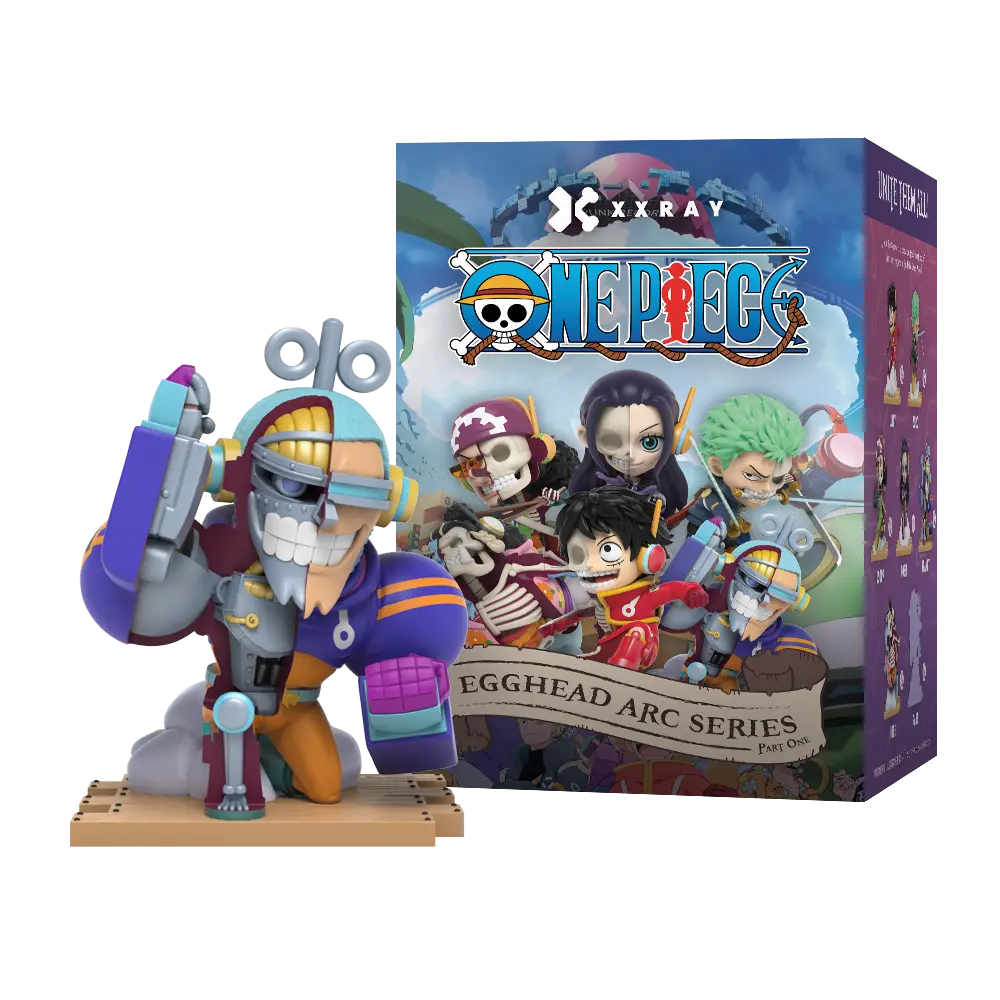 ONE PIECE x Jason Freeny Blind Box Series: Egghead Island (First Edition) featuring Franky vinyl figure with dissected design, in front of Straw Hat crew packaging.