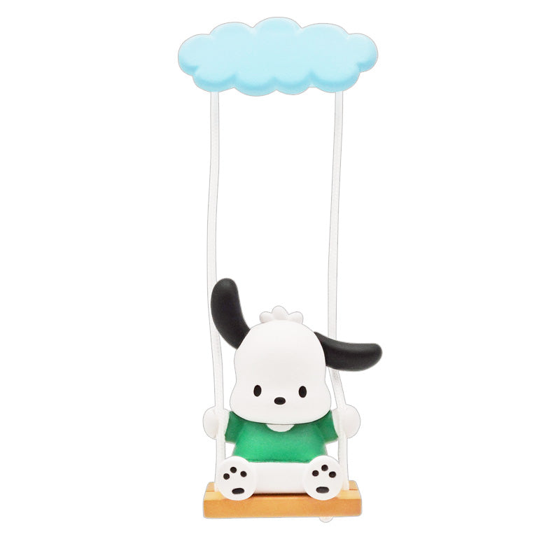 Sanrio Characters Swing Gacha Series: A stylized puppy with black ears in a green shirt on a wooden swing attached to a cloud-shaped bar.