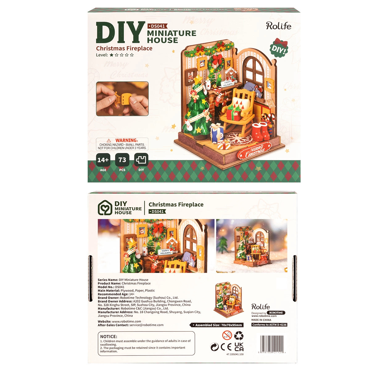 Rolife DIY Miniature House - Christmas Fireplace DS041 kit, features a festive diorama with a cozy fireplace, decorated tree, rocking chair, and holiday accessories.