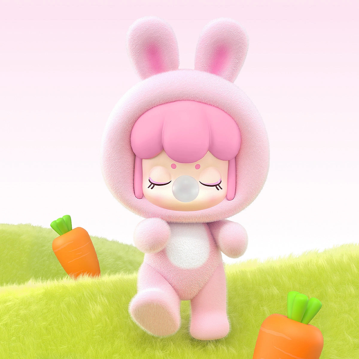 Baby Nanci Fluffy Party Blind Box Series: 3D character in a pink bunny suit, blowing gum, amid oversized carrots on a grassy hill.