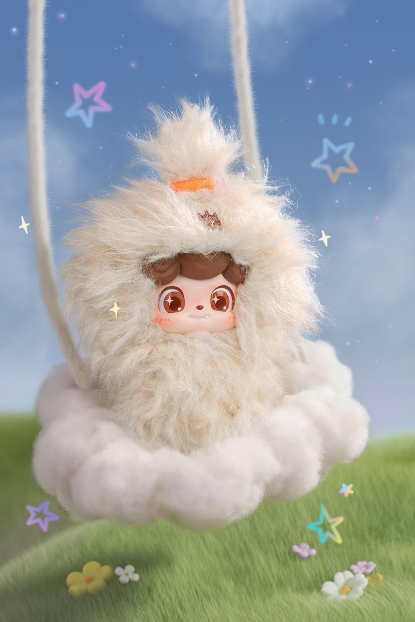 Q. Kid Wave Club Series Plush Blind Box features a round-faced character in a fluffy suit on a cloud swing, surrounded by stars and sparkles.