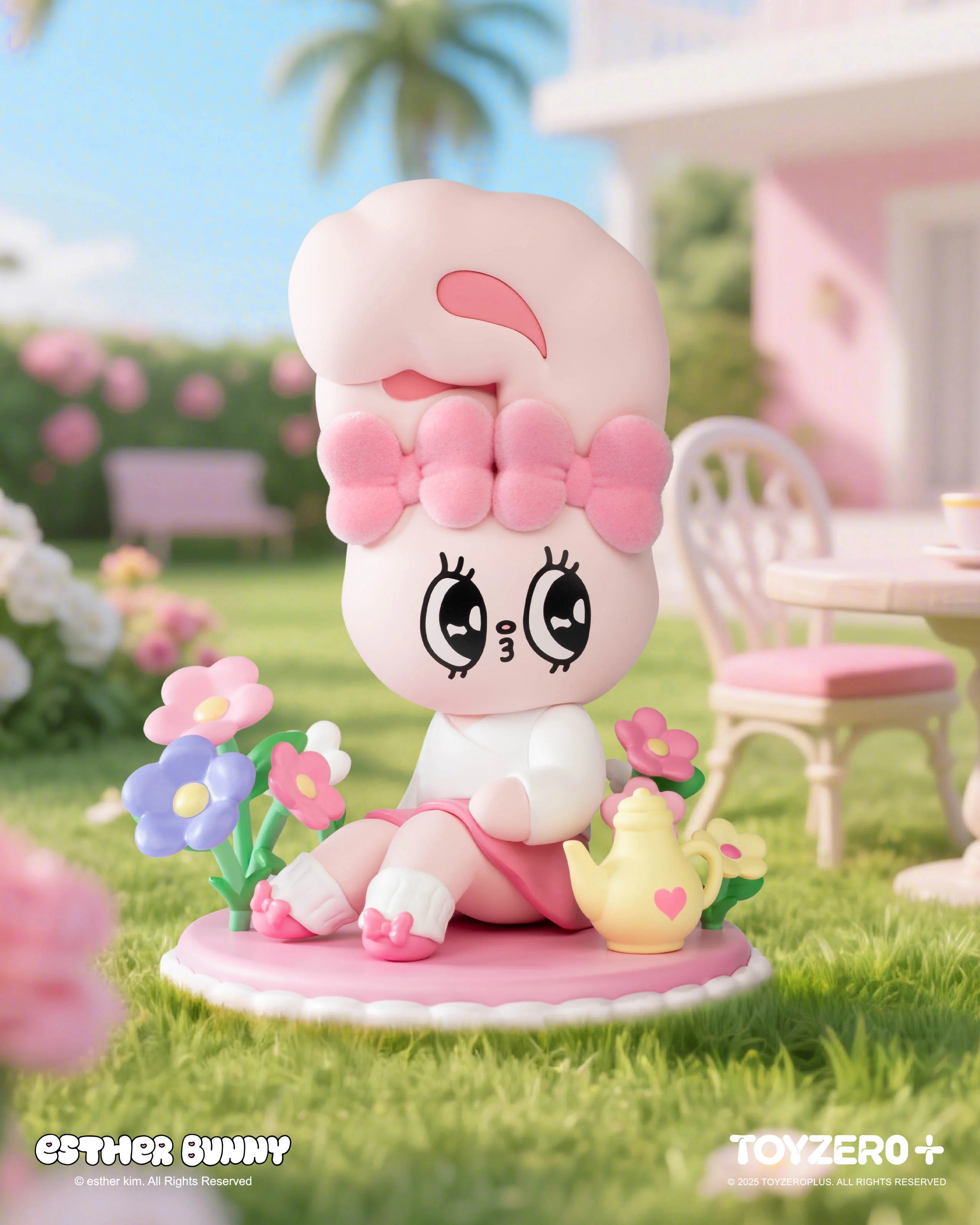Esther Bunny Holiday Vibe Series Blind Box - Preorder: A vinyl toy with a white bunny in pink bow and skirt, seated among flowers and teapot.