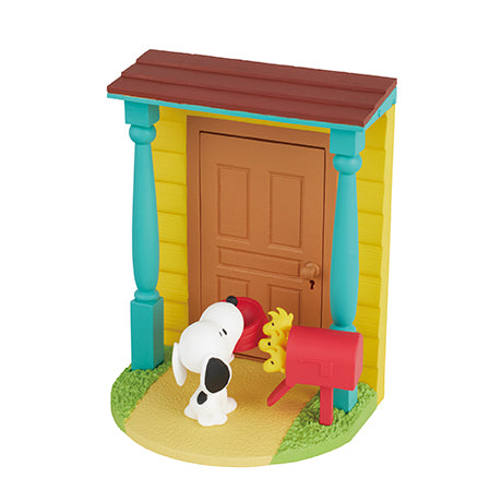 SNOOPY's Door Story Re-ment Blind Box Series featuring a toy dog figurine standing in front of a door, part of a six-design collection.