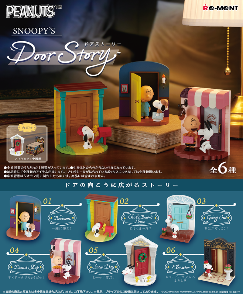 SNOOPY's Door Story Re-ment Blind Box Series featuring toy figurines of Snoopy and his friends, each posed in front of a miniature door setting.