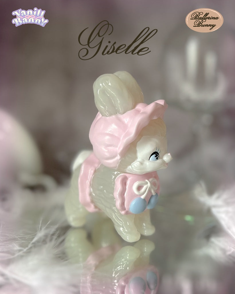 Vanill Banny - Ballerina Bunny by Ms LUTRA: A 130mm resin figure with a milky-white finish, pastel pink bonnet, and capelet, featuring Vanilly Bunny and Ballerina Bunny logos.
