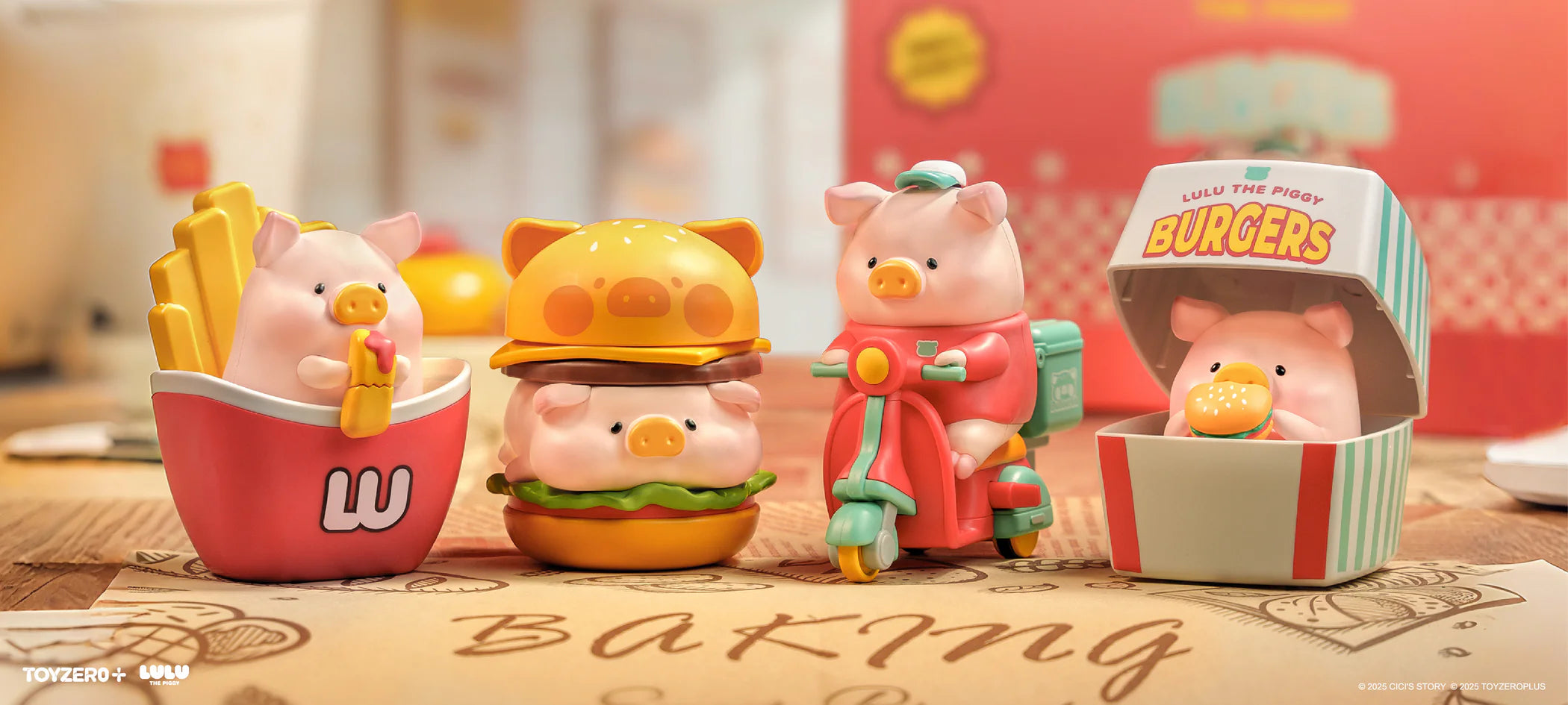 LuLu the Piggy -Burger Express Movable Series features four whimsical piggy figurines in a fast-food scene, showcasing fries, burger, scooter, and burger box themes.