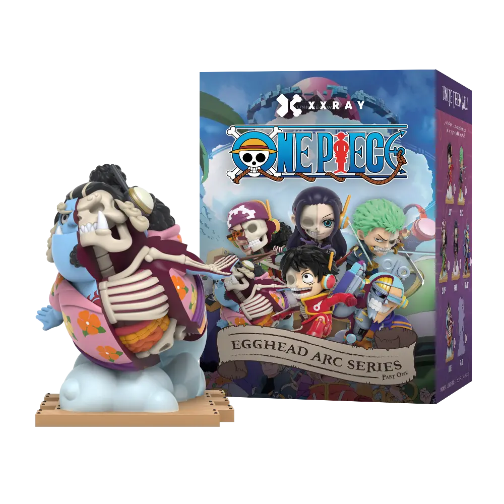 Jinbe collectible figure, half-anatomical cutaway from ONE PIECE x Jason Freeny Blind Box Series: Egghead Island (First Edition), with box art featuring Straw Hat crew.