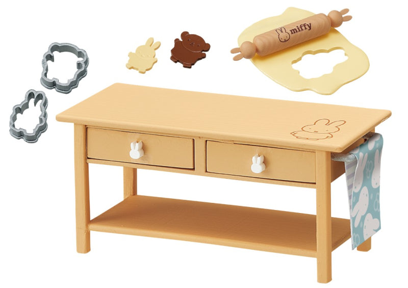 Miffy Natural Kitchen Re-ment Blind Box Series features a mini baking play-set with a wooden table, engraved rolling pin, cookie cutters, and toy cookies.