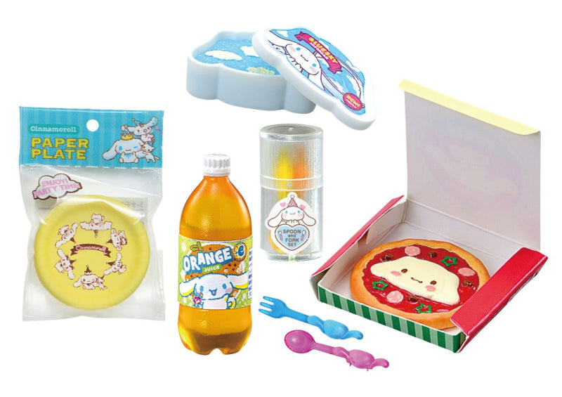 Cinnamoroll Market Re-ment Blind Box Series featuring themed paper plates, juice bottle, cake container, toy pizza, and utensils set, reflecting cute Sanrio design.