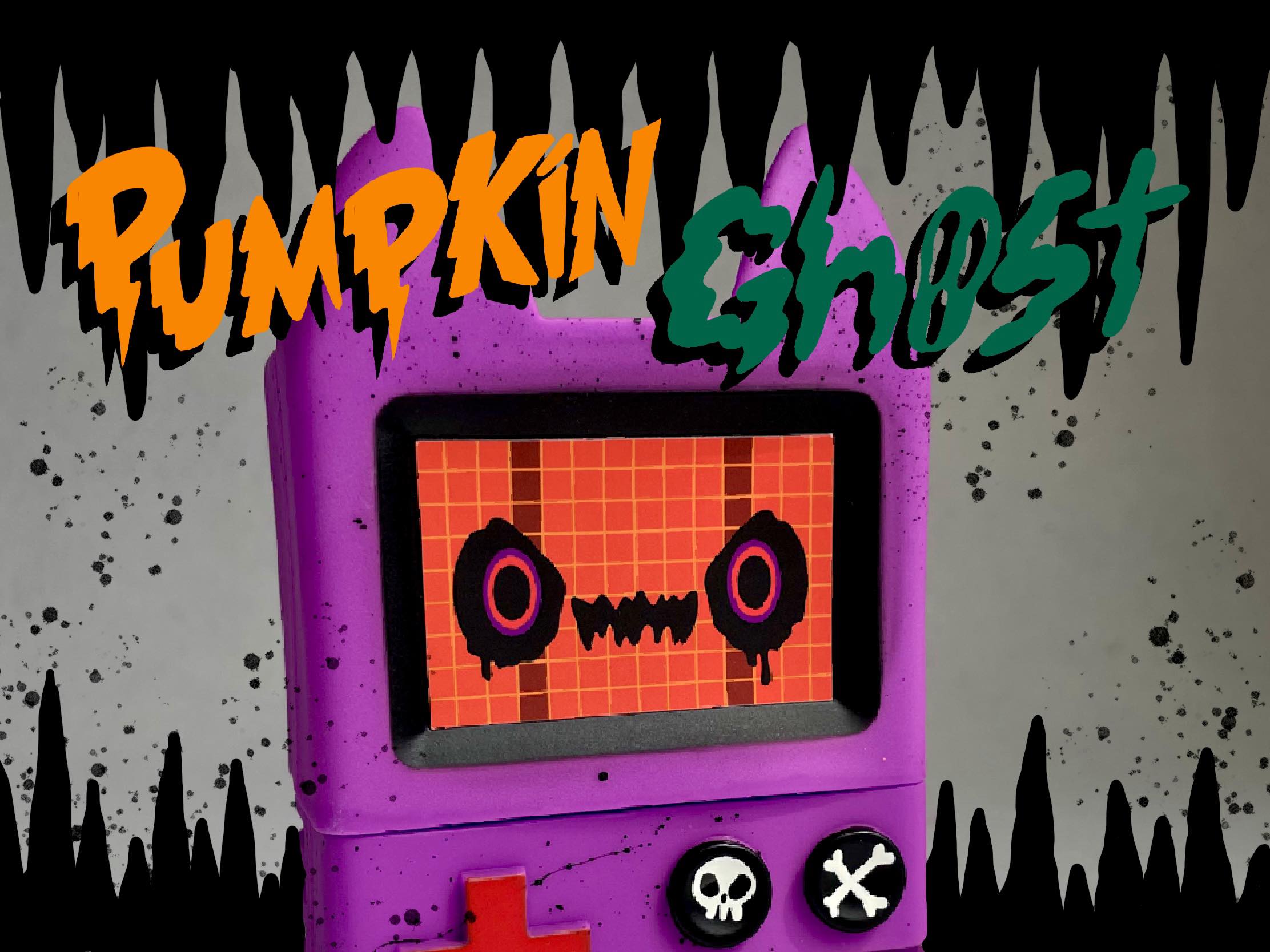 Game Boy Boxcat - Pumpkin Ghost by Rato Kim, a toy with a square screen and spooky face, limited edition Sofvi material.