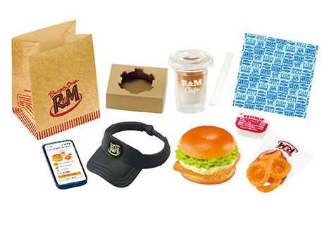 Burger Shop R&M Re-ment Blind Box Series featuring a burger, visor, mobile menu, and accessories, embodying fast-food-themed collectible designs.